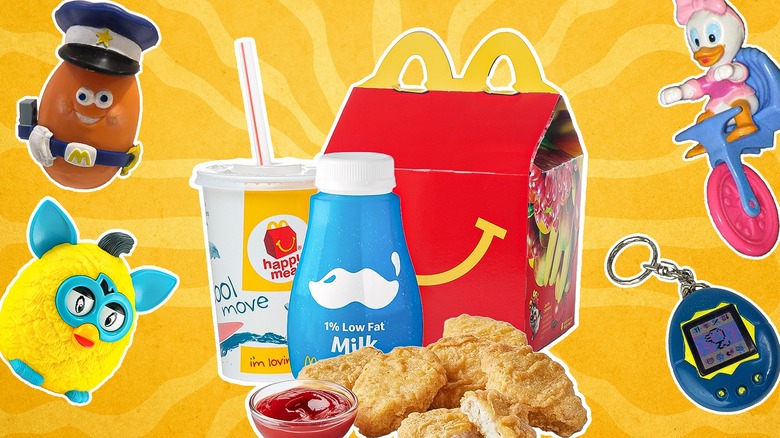 McDonald's happy meal in a red box with a smile and a toys