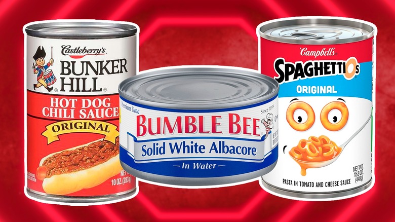 Composite image of Castleberry's hot dog sauce, Bimble Bee tuna, and SpaghettiOs