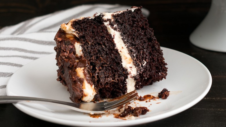 Close-up of a slice of Guinness chocolate cake
