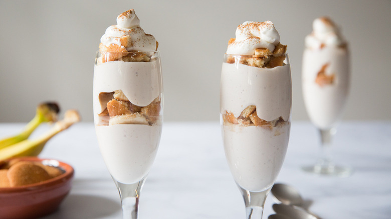 banana pudding served on table