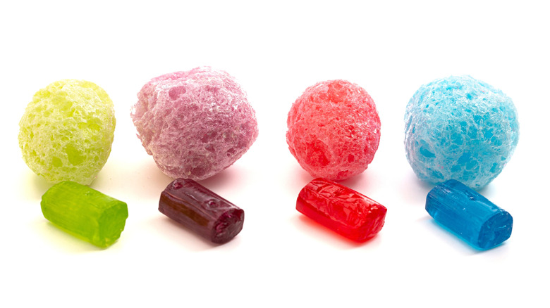 Colorful freeze-dried Jolly Ranchers on a white background