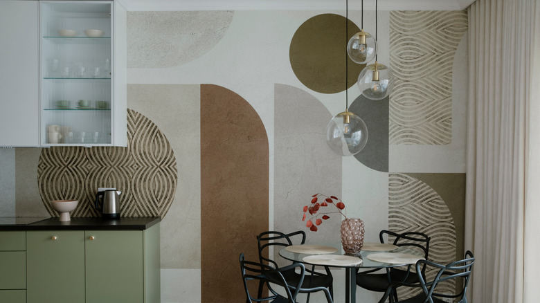 Kitchen with artsy wallpaper