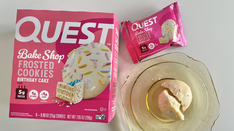 Quest cookie broken in half on a plate