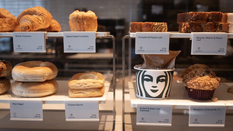 Pastries inside a Starbucks display case