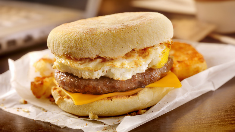 Breakfast sandwich with sausage, egg, and cheese