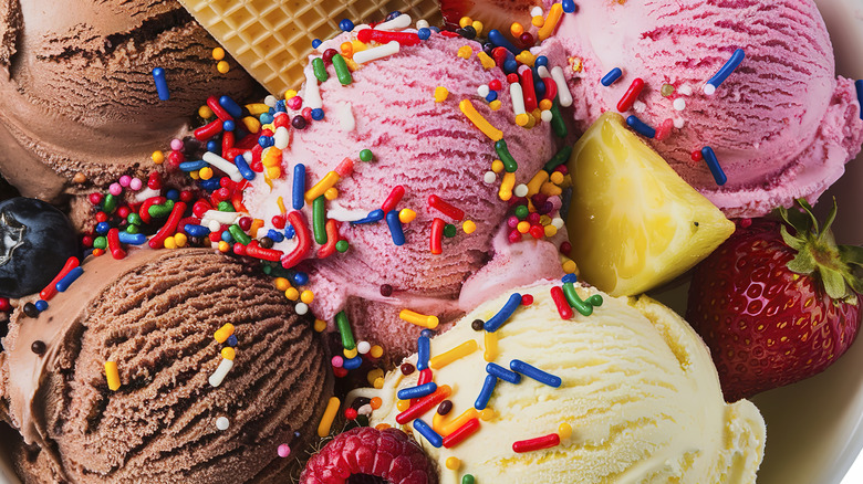 Close-up of a bowl of ice cream with multiple flavors