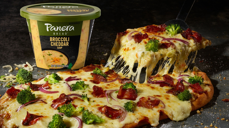 Panera Bread's broccoli cheddar flatbread pizza with soup