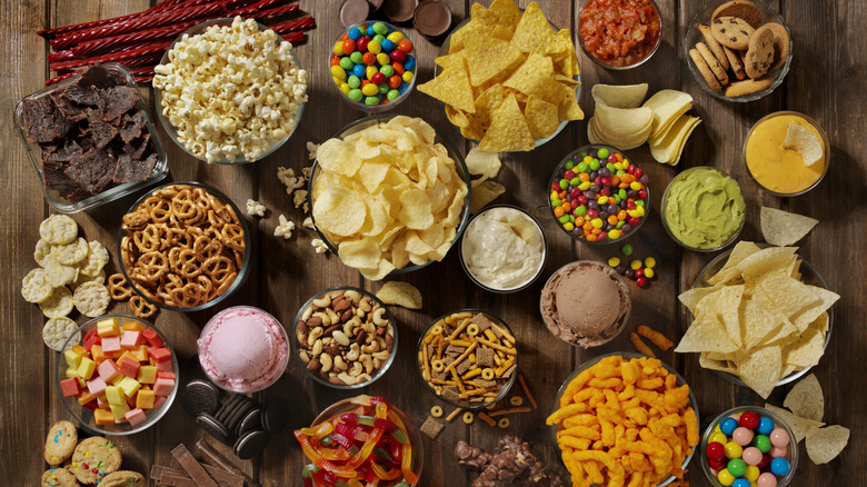 assorted snack foods in bowls